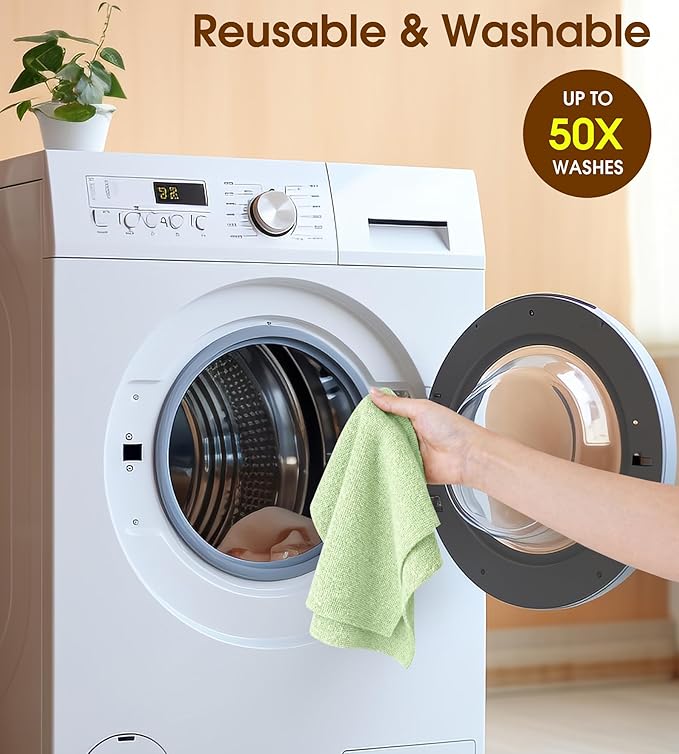 KitchLife Microfiber Cleaning Cloth Roll, 100 Pack - Tear-Away Microfiber Paper Towels, Lint-Free, Reusable, Washable for Kitchen, Car, Dishes, and Sensitive Surfaces (Bean Green)