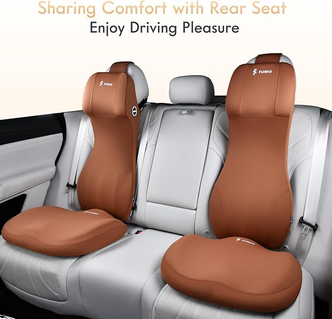 FLORICH Memory Foam Seat Cushion for Car and Lumbar Support Headrest Pillow Ergonomic Car Seat Back Support Neck Pillow for Driving Truck Driver Seat Cushion Lumbar Pillows for Back Pain Relief, Brown