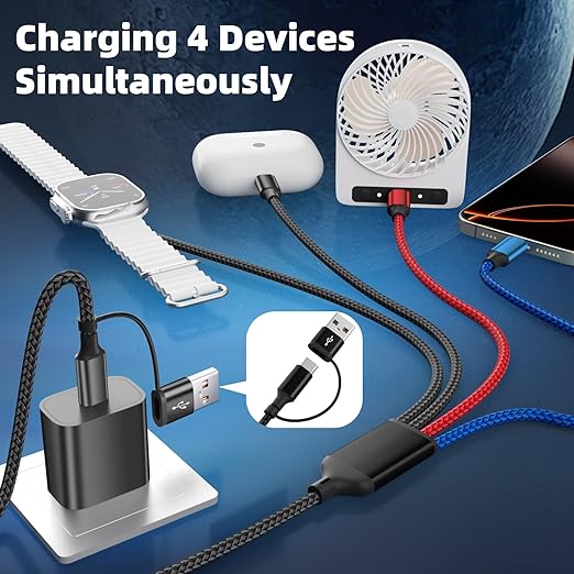 Dual Type-C Port 4 in 2 USB C Cable for iWatch Charger/iPhone 17, Travel Charger Multi Charging Cable Cord for iWatch Ultra/SE/10-1, iPhone16-8, iPad, Android, Car, Cruise Essentials - 1Pc 5FT