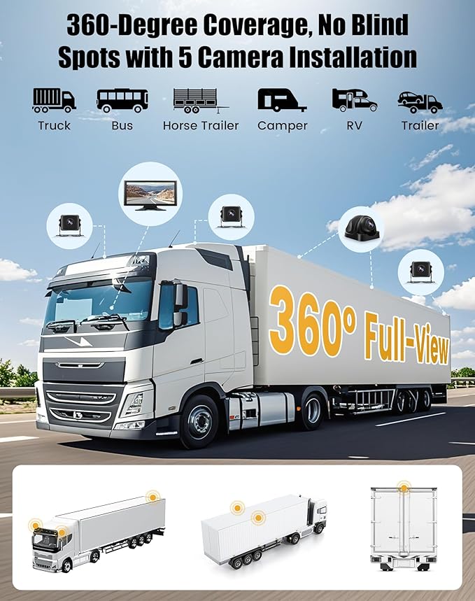 10.36" Wired Backup Camera System for Truck RV Trailer, 5 Channel Dash Cam with 5 1080P Cameras, Touch Screen Monitor, No Delay Signal, DVR Loop Recording, Smart BSD Alerts, IP69 Waterproof, 64GB