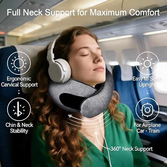 Travel Neck Pillow for Airplanes, Memory Foam with Chin Support, Ergonomic 360 Degree Cervical Support for Plane/Car/Train/Office (Dark Grey)