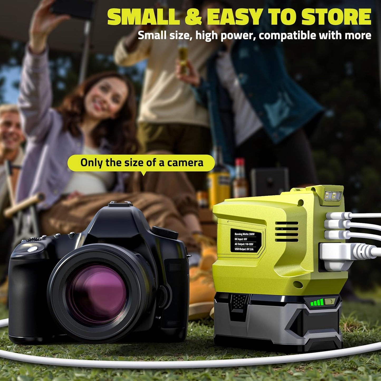 200W Portable Power Inverter Compatible with Ryobi 18V,Ecarke Outdoor Generato Battery Converter with 2 USB&LED&AC Battery Powered Outlet,Convert DC 18V/20V to AC 110V-120V Portable Power Station