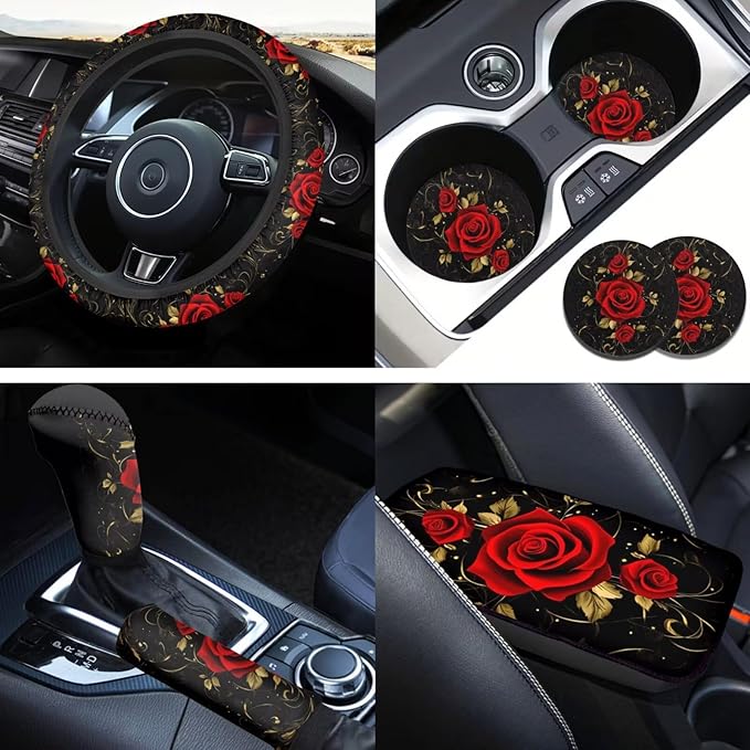 Red Rose 6pcs Car Steering Wheel Cover Set Flower Print Cup Coaster Handbrake Gear Cover Car Interior Accessories Fit Vans Trucks,SUV