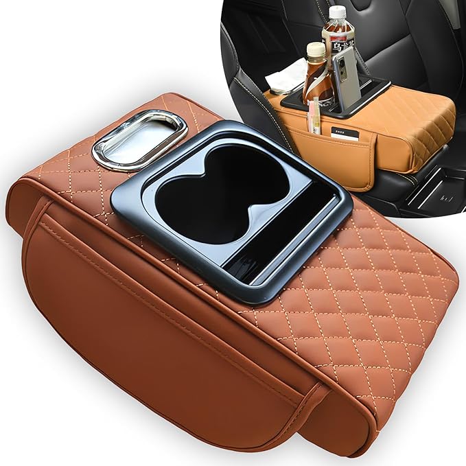 Multifunctional PU Leather Car Armrest Box Mat, 5-in-1 Multifunctional Car Armrest Cushion, Center Console Cover with 2 Cup Holder, For Storing Tissues, Phones, Wallets, Drinks, for Most Cars (Orange)