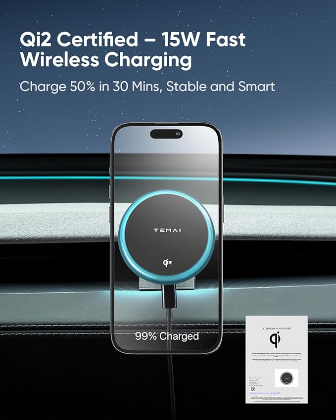 TEMAI Car Mount Charger, 15W MagSafe Wireless Car Charger & Phone Holder for Model Y Juniper(2025)- Strongest Magnetic Fast Charging Accessories Slideable Air Vent Mount with Silicone Pads