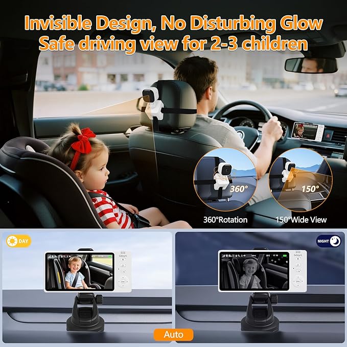 Wireless Baby Car Camera 5" HD 1080P IPS Anti-Glare Screen USB Powered, Temperature Alert, Night Vision & VOX Mode, 360° Rotatable Rear Facing Carseat Monitor Newborns Travel Essentials Gifts
