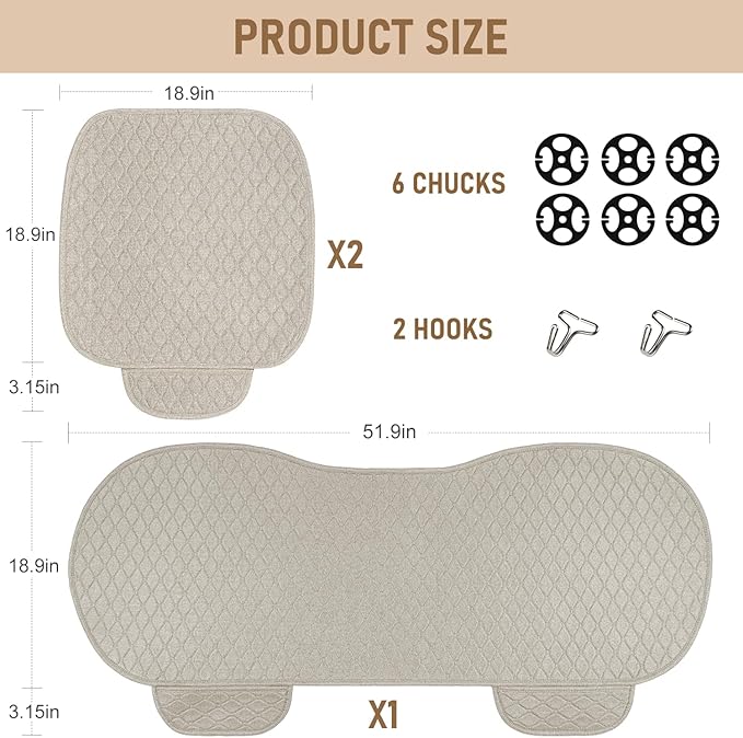 3 PCS Linen Car Seat Covers with Storage Pocket, Back Seat Covers Protectors with Non-Slip, Breathable Bench Seat Covers Universal Fit for SUVs, Cars, Trucks (Beige)