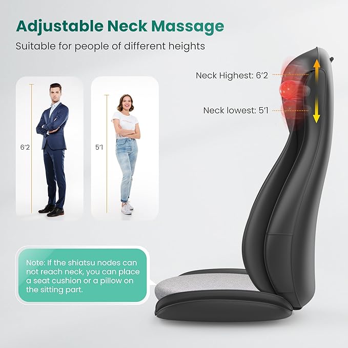 Snailax Shiatsu Neck Back Massager with Heat, Massage Chair Pad with Compression, Height-Adjustable Neck Massage Rollers Chair Seat Massager, Gifts for Men, Women