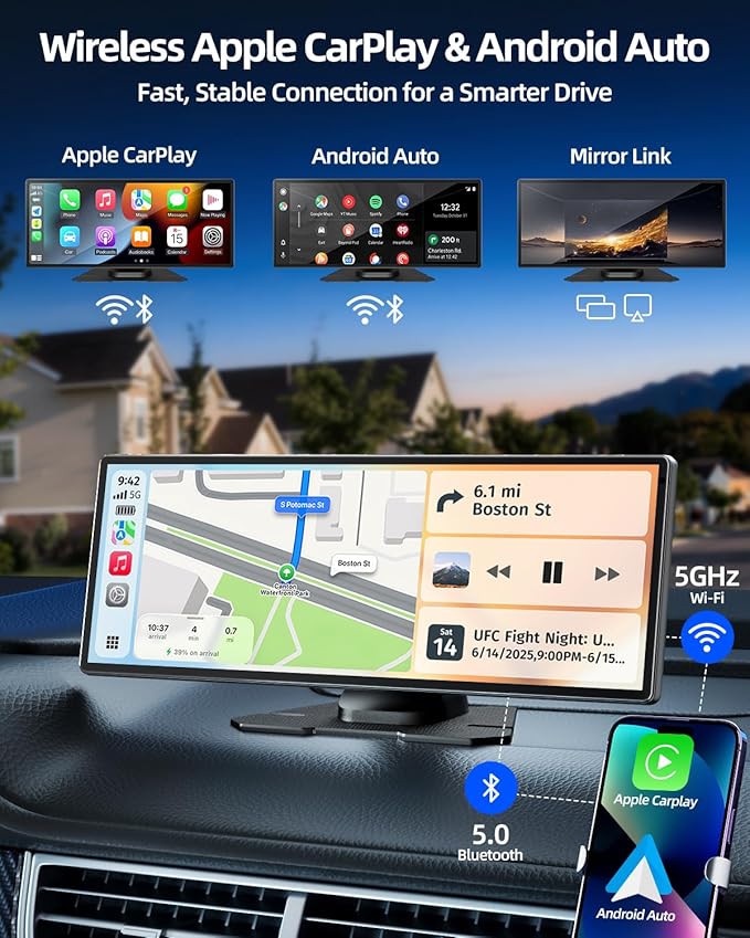 11.5" Wireless Apple CarPlay Screen for Car, Portable Car Play & Android Auto Touch Screen Car Stereo with App Control, 4K Dash Cam 1080P Backup Camera, GPS, Voice Control, Mirror Link FM All Vehicles