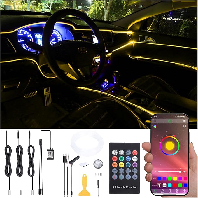 4 Meters Optic Fiber Car Ambient Lighting with Bluetooth App Control + RF Remote Control 64 Colors Multicoloured Music Interior Lighting Kit DC 12V 1W