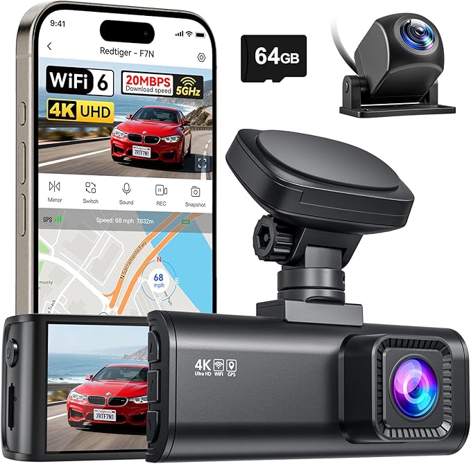 REDTIGER F7N Dash Cam 4K Front and Rear 1080P, 5.8GHz WiFi-20 MB/s Fast Transfer, 2160P/FHD Car Dash Camera with 64GB Card, Smart App Control, Precise GPS, Night Vision, 24H Parking Mode