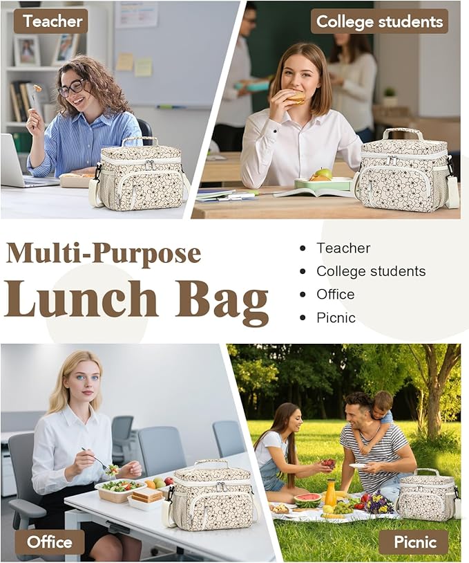 Insulated Lunch Bag for Men & Women, 9L Leakproof Lunch Box Soft Cooler Tote with 5 Pockets, 600D Oxford, EVA Lining, Adjustable Strap for Work, Picnic, Beach&Travel-Corduroy Small Flower
