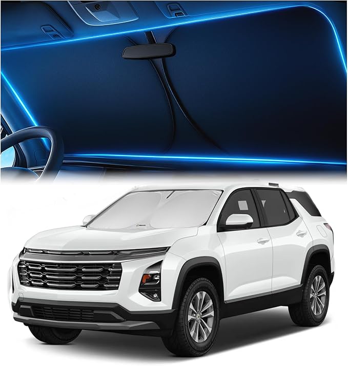 Windshield Sunshade for Chevrolet Equinox 2018-2023, 2024, 2025, 2026 – No-Light-Pass Technology, Mirror Cut-Out, Blocks 99% UV Rays – Fade-Resistant, Easy-Fold Chevy Equinox Windshield Sun Shade