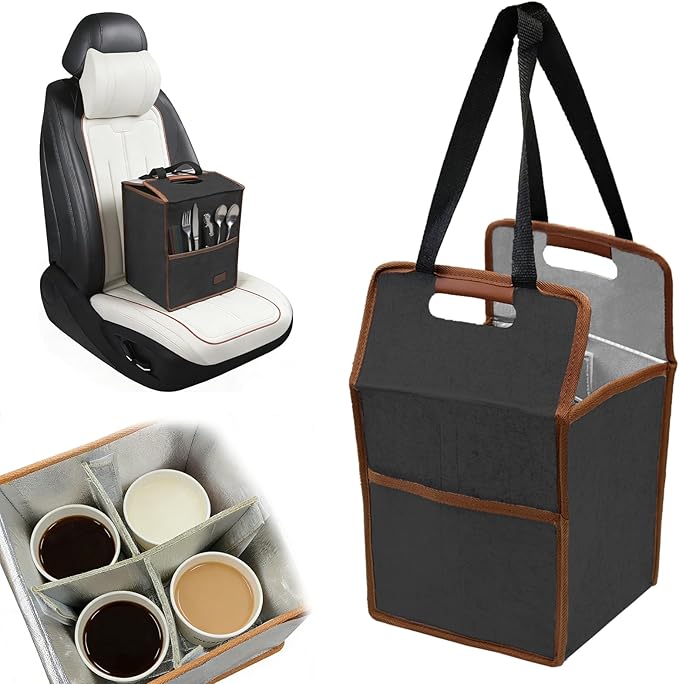 4 Cup Drink Carrier with Handle, Reusable Insulated Cooler Drink Caddy for Car Cup Holder, Foldable Coffee Carrier Bag with Adjustable Dividers, Portable for Car, Travel, Picnic Party, Food Delivery