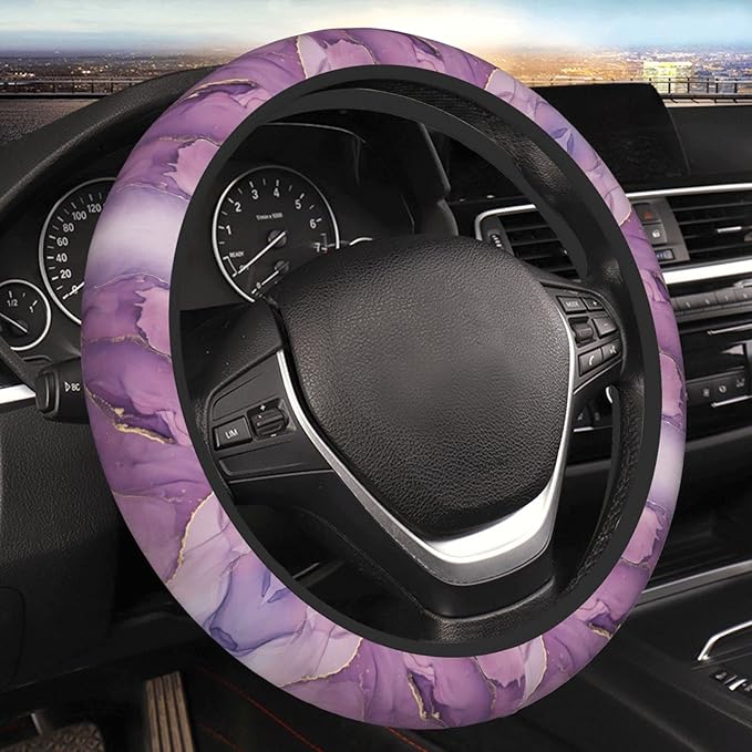 Purple Marble Steering Wheel Cover Women Men Elastic Stretch Soft Car Wheel Protector Universal Breathable No-Slip Car Accessories for Truck Van SUV Auto Fit 14-15 Inches