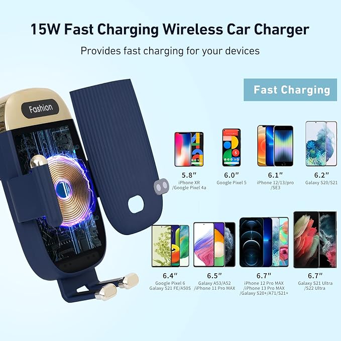 Wireless Car Charger Mount,15W Qi Fast Charger, Wireless Car Charger Smart Sensor Air Vent, Automatic Clamping Phone Holder for iPhone 13/12/11//XS/XR/8, Samsung S22/S21/S20/Note 20, etc (Blue)