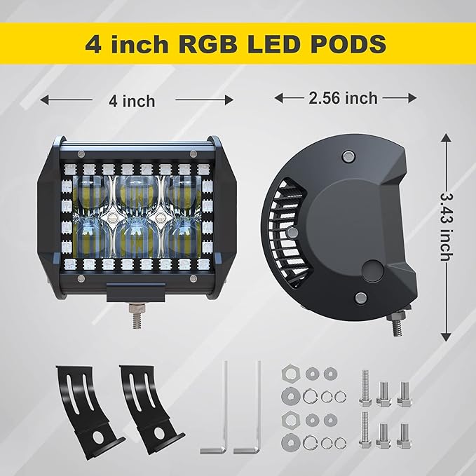4PCS 4" inch LED Pods Flood Work Light Bar with Multi-Color Chasing RGB Halo 16 Solid Colors Over 92 Flashing Modes Offroad Pods Lights LED Driving Lamp Fog Lights with Switch Wiring Harness