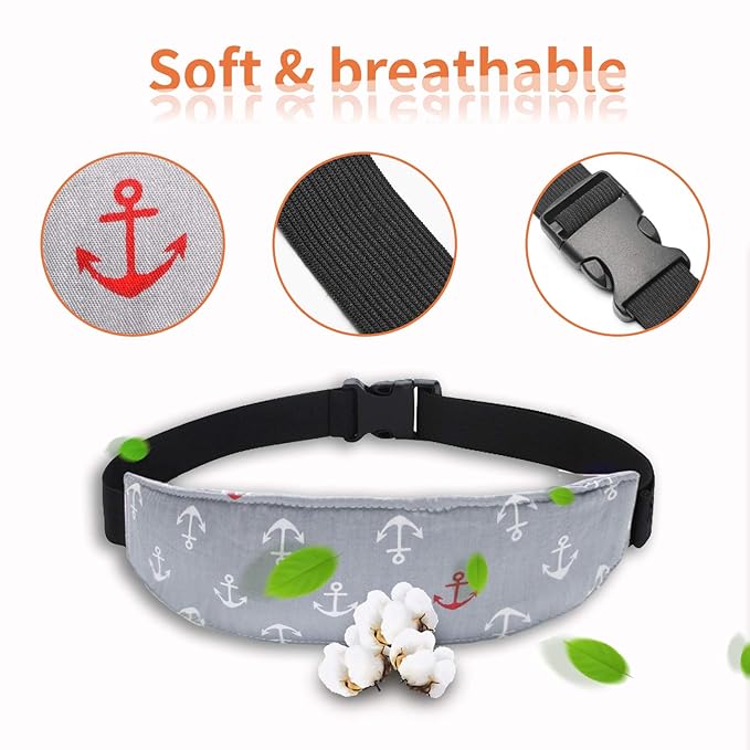 Carseat Head Support,Car seat Straps Pillow Support Ban,Stroller Neck Relief Strap Headrest,Slumber Sling Sleep Positioner (Gery Clouds+Anchor)