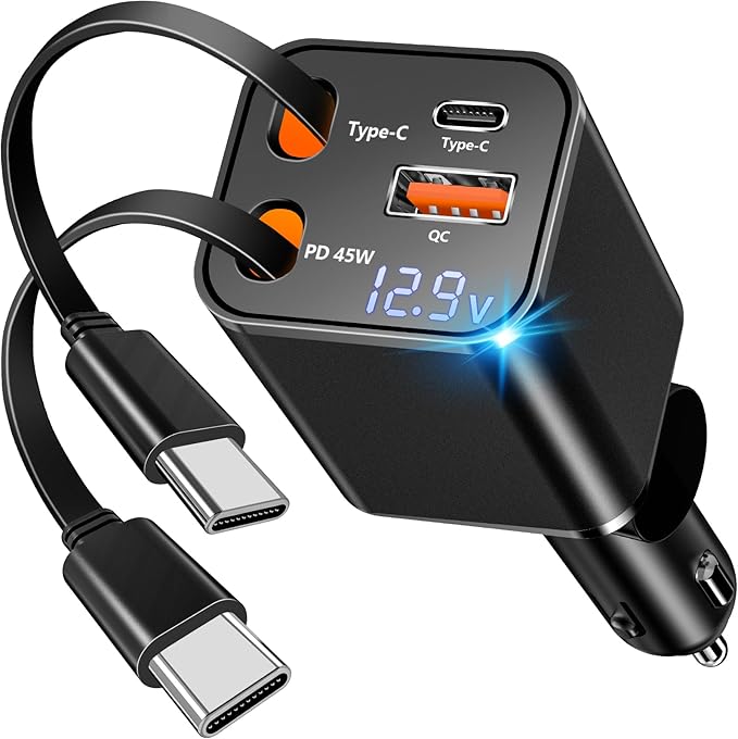 [Apple MFi Certified] Retractable Car Charger, Linocell 120W USB C Car Charger Dynamic Power Adapter 4 in 1 PD/QC Type C Fast Charging Cigarette Lighter for iPhone 17/17 Pro Max/16 Pro/15/Galaxy/Pixel