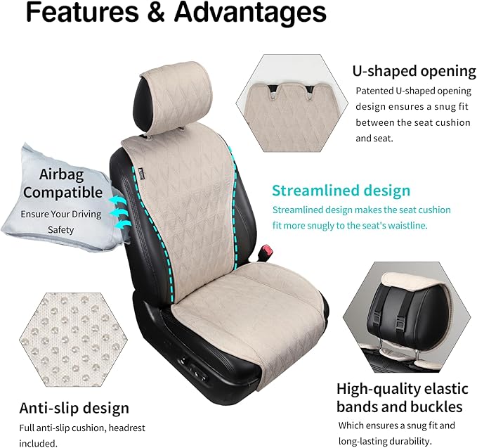 2pcs Sideless Car Seat Covers for All Seasons - Breathable Front Seats Cushions Non-Slip Bottom with Headrest Protectors - Universal Carseat Cover Fits for Most Vehicles Cars Van SUV Truck Beige