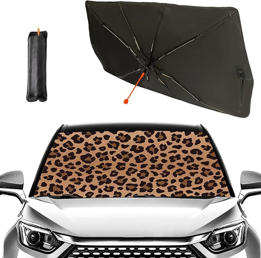 Socira Leopard Print Car Windshield Sunshade Umbrella, 57" x 30", Blocks UV Rays, Keeps Car Cool, Foldable, Compatible with Most Cars, Trucks, SUVs