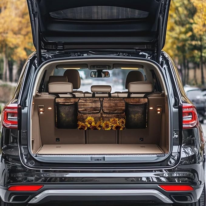 Yellow Sunflower Wood Backseat Trunk Organizer for Car Hanging Trunk Storage Bag Multipurpose Car Back Seat Organizer with Lid