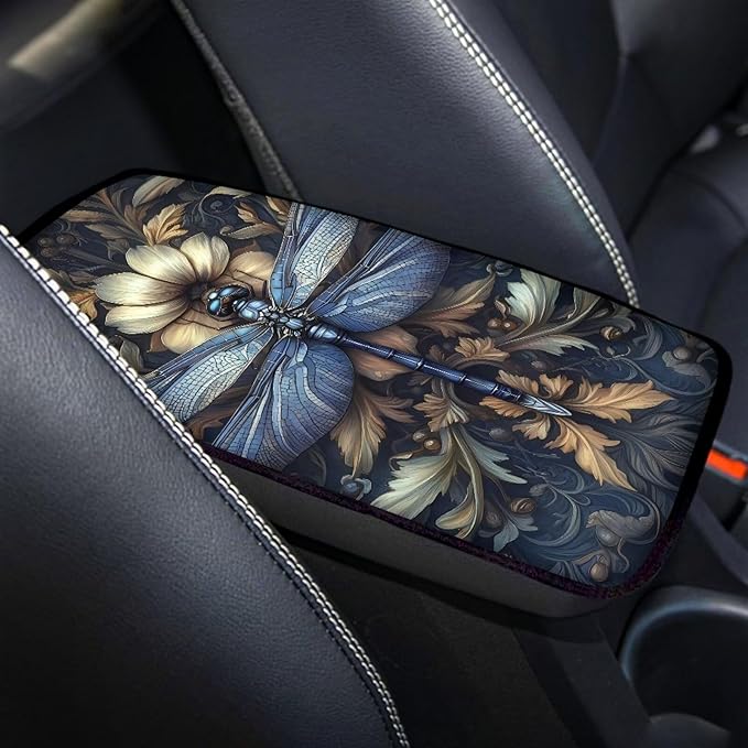 Suobstales Dragonfly Floral Print Car Armrest Pad Soft Center Console Arm Rest Protector Cover Universal Car Interior Accessories Decoration