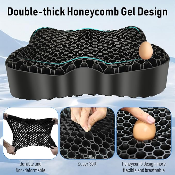 Cooling Gel Seat Cushion, Thickened Big Breathable Honeycomb Design Absorbs Pressure Points Gel Cushion with Anti-Slip Cover Cooling Seat Cushion for Office Chair Home Car Seat Cushion for Wheelchair