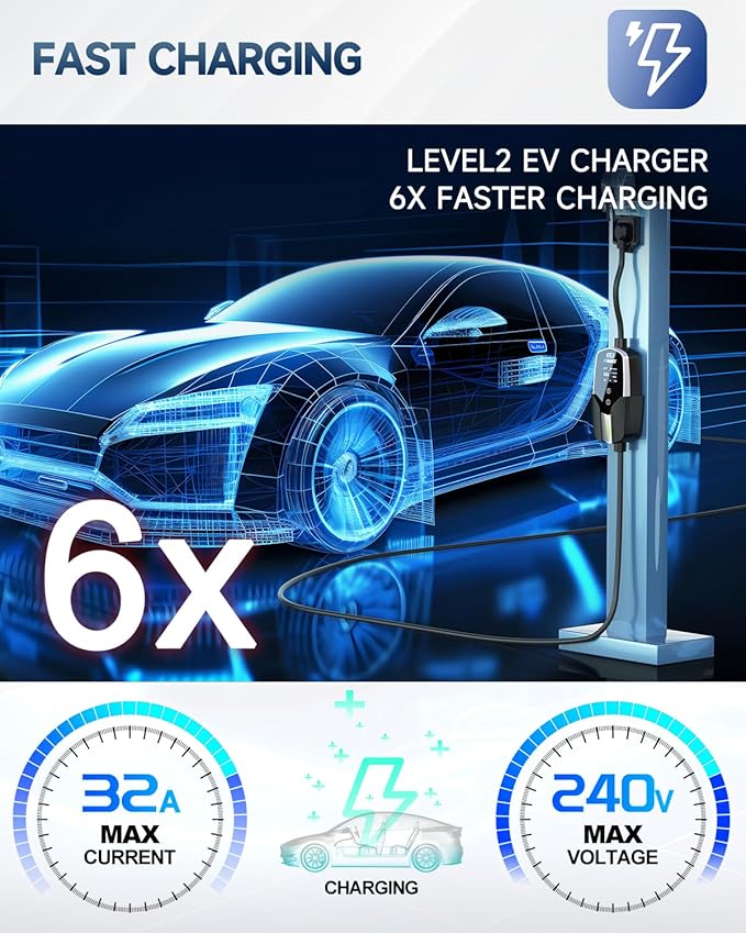 EVDANCE Level 2 EV Charger - Portable 32A EV Chargers NEMA 14-50 with 25ft Cable, Adjustable Current/Delay Charging for Electric Car Charger