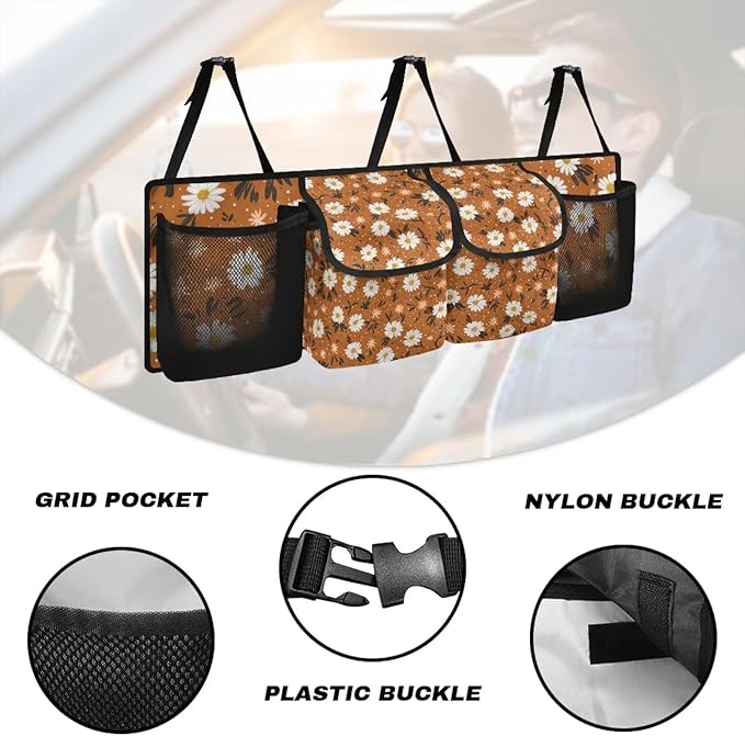 Orange Daisy Print Car Trunk Organizer Bag, Foldable Car Back Seat Storage Bag with 4 Pockets Car Interior Accessories for SUV MPV Sedans Pickup Jeep Trucks