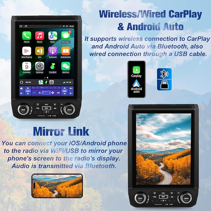 Car Radio Stereo Upgrade for Ford F150 2015-2021, Android 13 8 Core [4GB+64GB] Head Unit with T Style 12.1 Inch Touch Screen/Wireless CarPlay & Android Auto/Mirroring/WiFi/Bluetooth/FM/DSP/SWC
