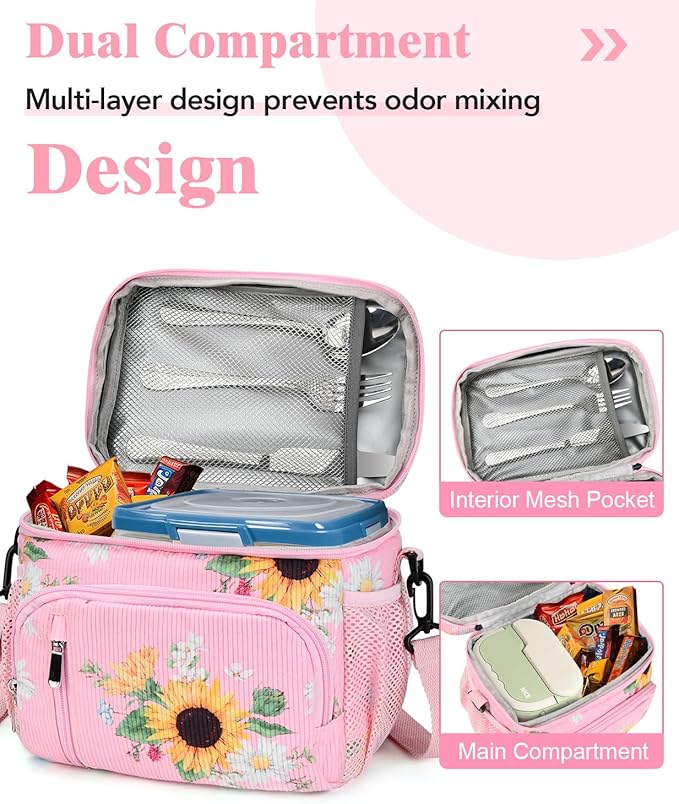 Insulated Lunch Bag for Men & Women, 9L Leakproof Lunch Box Soft Cooler Tote with 5 Pockets, 600D Oxford, EVA Lining, Adjustable Strap for Work, Picnic, Beach&Travel-Corduroy Sunflower Daisy
