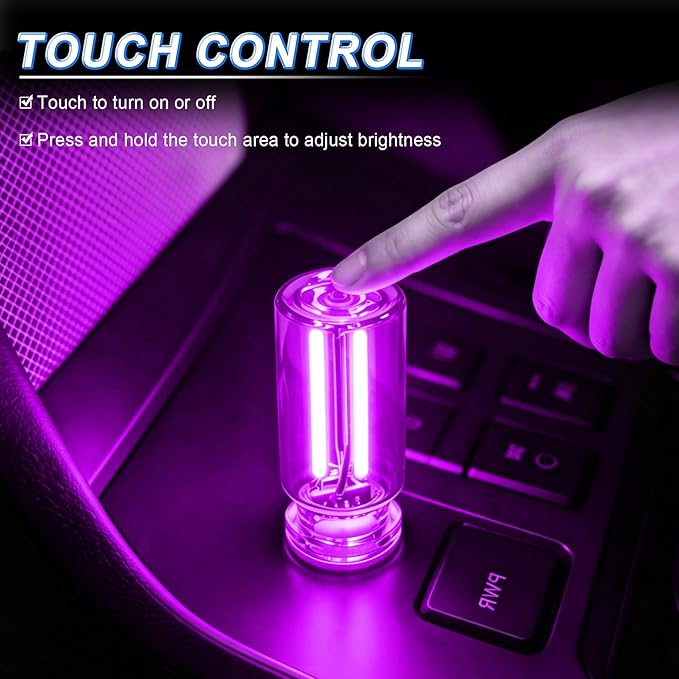 iFunyLED Car Interior USB LED Night Light, Portable Touch dimmable Car Ambient Lighting Kit, Retro Mini Transparent Glass Bottle Lamp Decorations for Vehicle Camping Bedroom Hallway, Pack of 2(Purple)