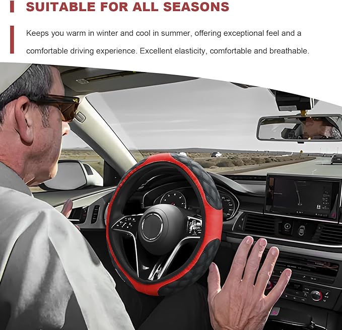 Car Steering Wheel Cover, 15 Inch Elastic Comfortable Auto Steering Wheel Protector, Anti-Slip Leather Wheel Cover Fashionable Interior Accessories for Most Cars Trucks SUVs (Black & Red)