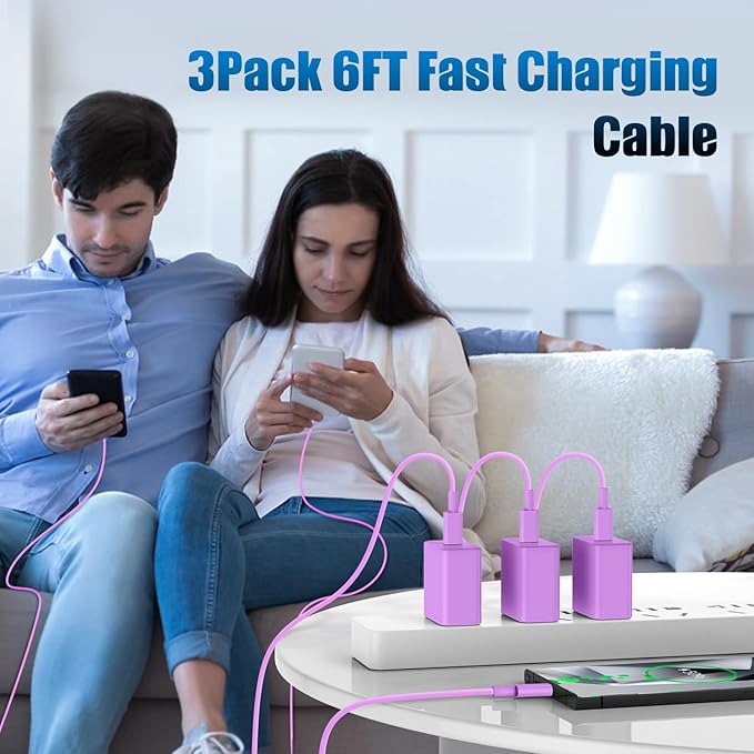 3Pack USB C Charger for Samsung Galaxy S24 Ultra, Super Quite Fast Charging Type C Block with 6FT C to C Cord for Samsung Galaxy Tab S9 S8 S23 Ultra S22 Ultra S23 S22 S21 Note 10 Plus 20,Purple