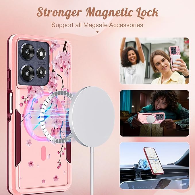LISEVOfor Moto G Power 2025 Case - for Motorola Moto G Play 2025 Case Compatible with MagSafe Women Cute Girls Magnetic Protective Phone Cover Girly Flowers Blossom Heavy Duty Shockproof Design