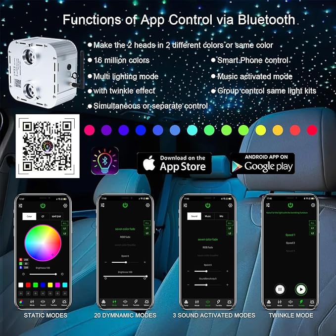 AKEPO 32W Dual-Head Dual Color Twinkle Car Home Fiber Optic Light Engine, Twinkle + Same or Different Color+APP Control + Music Activated+28-Key Remote for Headliner Light Kit