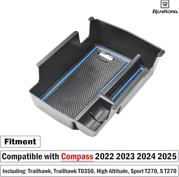 RUNROAD Center Console Organizer Tray Compatible with Jeep Compass 2022-2025 Accessories, Coin Holder Armrest Tray Secondary Storage Box Insert Console Organizer Card Container, Blue (NOT For Ltd)