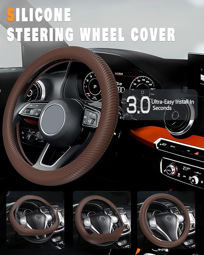 WOCOCN Car Steering Wheel Cover, Thin Anti-Skid Silicone Steering Wheel Cover for Men & Women, Universal Automotive Interior Accessories for Most Cars (Brown)