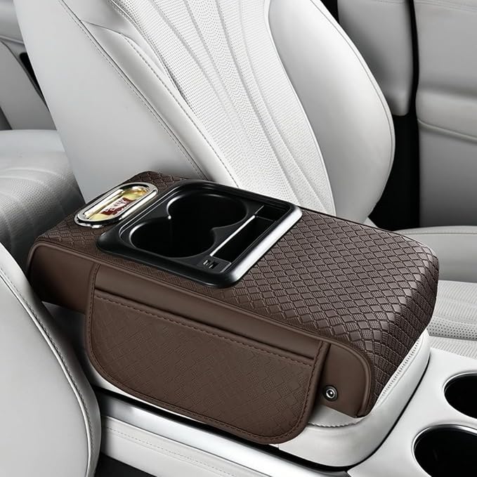 2026 Enhanced Car Center Console Armrest Cushion with USB& Type-C Charging, PU Leather Console Pad with Cup Holders, Storage& Tissue Outlet for Most Vehicles (Flat Version, Coffee)