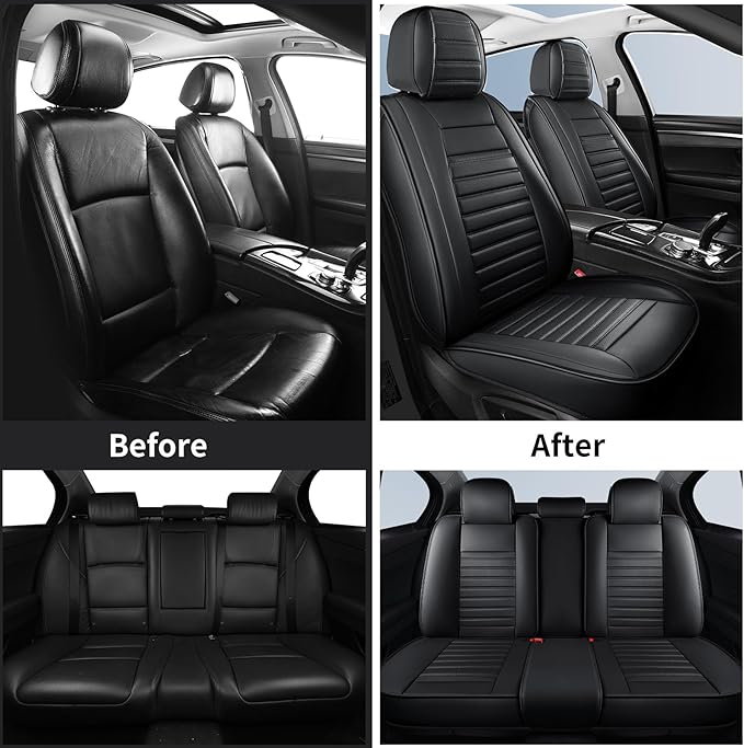 Car Seat Covers Full Set, Waterproof Faux Leather Automotive Seat Covers for Cars, Breathable Universal Car Seat Covers Protectors for Sedan SUV Truck (5 PCS Full Set, Black)