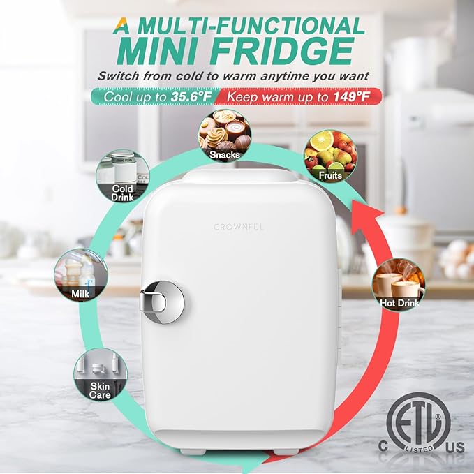 CROWNFUL Mini Fridge, 4 Liter/6 Can Portable Cooler and Warmer Personal Refrigerator for Skin Care, Cosmetics, Beverage, Food,Great for Bedroom, Office, Car, Dorm, ETL Listed (White)