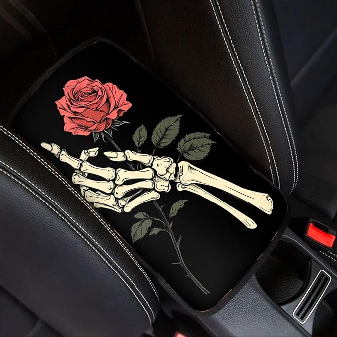 Dreaweet Skull Rose Car Accessories Armrest Cover for Car Universal Center Console Cover Replacement Soft Comfortable Arm Rest Cover Pad for Truck SUV Car Console Covers
