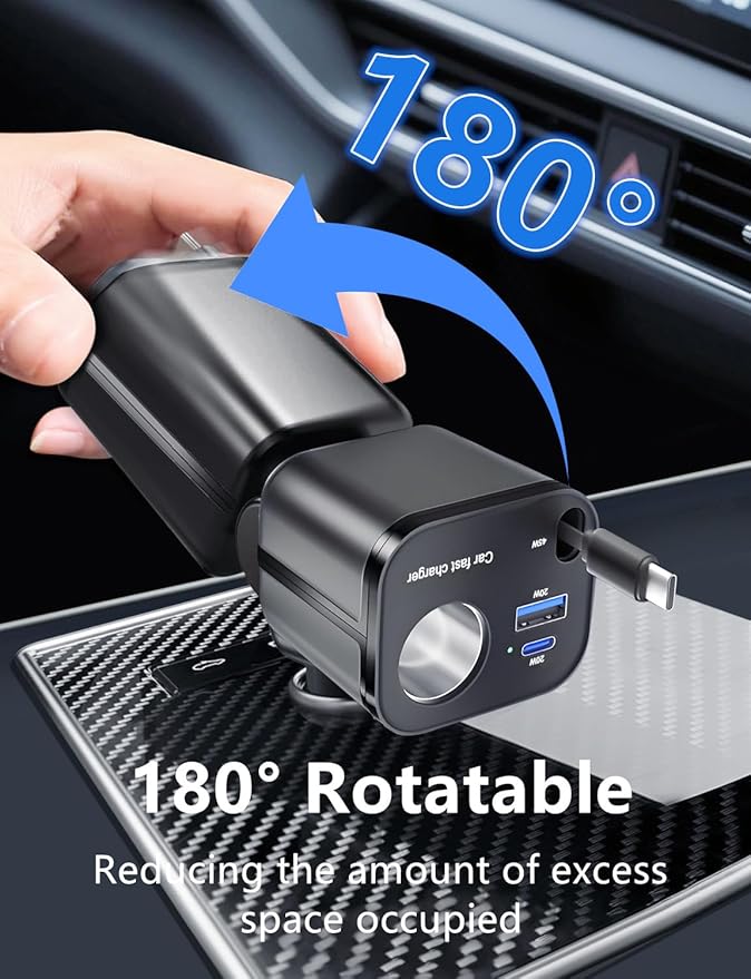 4 in 1 Retractable Car Charger, [60% Smaller] 145W USB C Cigarette Lighter Adapter, Socket Splitter with Retractable Cable&USB-C/A Port, 12V/24V Fast Charging Car Phone Charger for iPhone 17 Pro Max