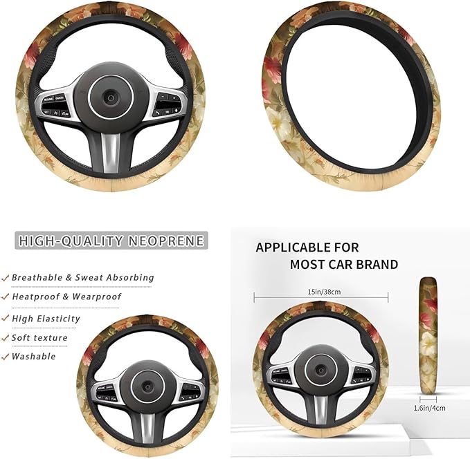 Magpies Birds Picture Steering Wheel Cover for Men Women Flower Car Interior Decor Cup Coaster Handbrake Cover Universal Fit Auto,Suvs,Truck