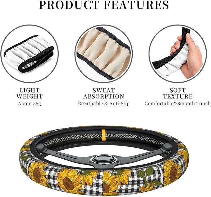 Checkered Sunflowers Steering Wheel Cover Women Men Elastic Stretch Soft Car Wheel Protector Universal Breathable No-Slip Car Accessories for Truck Van SUV Auto Fit 14-15 Inches