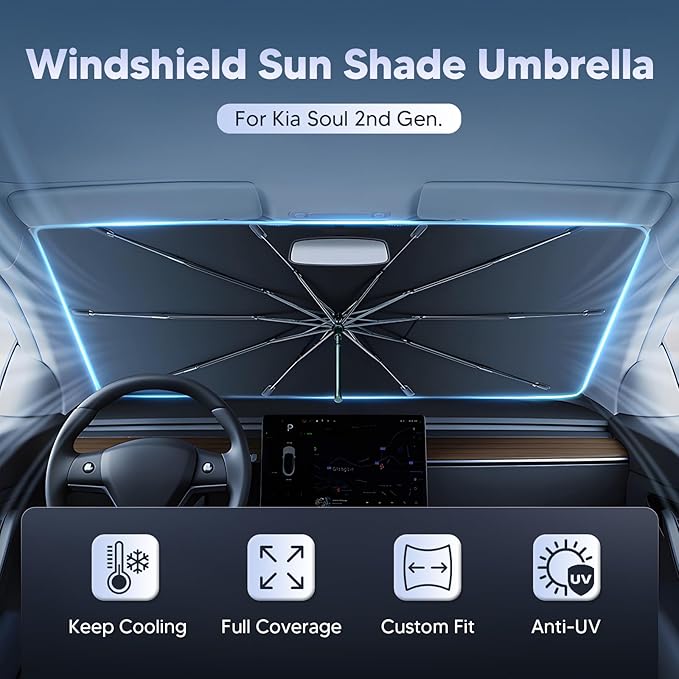Autorder Windshield Sun Shade Umbrella for 2014-2019 Kia Soul Accessories,Upgraded Ice Crystal Material,Easy Setup Umbrella Sunshade for Car Windshield,100% Sun Blocking