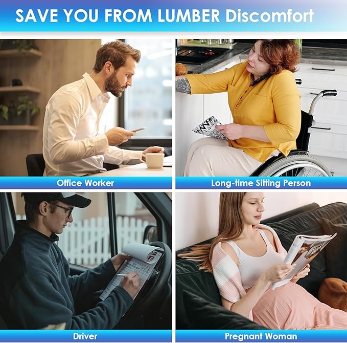 Lumbar Pillow for Chair and Car, Back Support for Office, Memory Foam Cushion with Mesh Cover - Azure