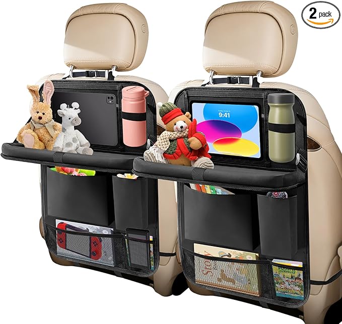 Car Backseat Organizer: Back Seat Storage Organizer for Kids with Tablet Holder, Heavy Duty Back Seat Protector with Foldable Table Tray, Kick Mats w/Pockets, Road Trip Essentials, 2 Count