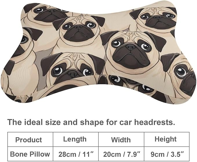 Car Headrest Pillow Compatible with Puppy Pug Dogs Print, Cartoon Neck Pillow for Car, 2 Pcs Comfortable Soft Car Seat Pillow for Driving,Head Rest Cushion, Cute Neck Pillow for Travel